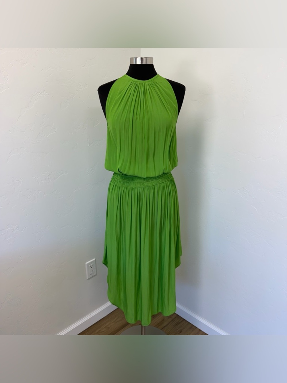 Ramy Brook Lime Green Pleated Sleeveless Halter Midi Dress Size S/P